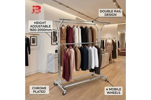 Modern Adjustable Height Double Bar Garment Rack Floor Standing Clothing Display Rack with Wheels for Boutique Store