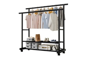 Large Capacity Movable Double Rod Metal Coat Rack Organizer Bedroom/Balcony Storage Shelves for Clothes & Shoes clothes hanger