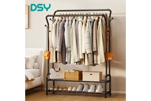 Double Rod Storage Shelves Coat Rack Double-Tier Metal Coat Hanger Stand Clothing Organizer Clothing Storage Stand