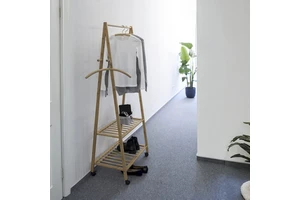 Rolling Bamboo Coat Rack Stand with Coat Rail Shelves Hooks Single Tier for Living Room and Bathroom Clothes Storage