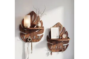 Set of 2 Monstera Leaf Wall Shelves with Key Holder 15.8 x 12.4 Inch Rustic Wooden Floating Shelves Boho Tropical Wall Decor