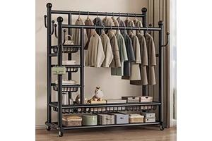 Iron Hanging Rack Floor Bedroom Indoor Double Rod Drying Clothes Coat Hat Rack Movable Multi-function Indoor Use