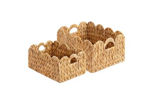 Scalloped Edge Wicker Storage Basket with Handles Rectangle Water Hyacinth Basket for Organizing, Decorative Woven Rattan Basket