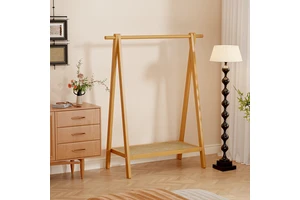 Natural Bamboo Freestanding Coat Rack with Rattan Shelf for Bedroom Living Room Hanging Storage Organizer