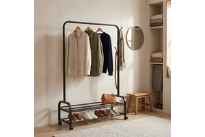 Coat Rack with Side Hooks and Wheels Heavy Duty Clothes Hanging Drying Rack with 2-Tier Storage Shelves for Bedroom Entryway