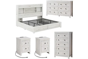 Farmhouse Bedroom Furniture King Size Set 5 Pieces Luxury Modern Furniture With Dresser Tall Chest 2 Nightstand King Bed Frame