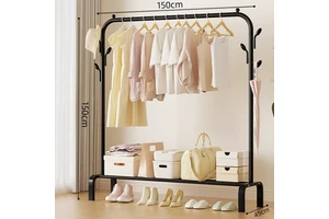 Single-Rod Metal Cloth Rack 6 Hooks Bottom Shelf Large Capacity Modern Durable Clothes Drying Coat Rack for Bedroom Living Room
