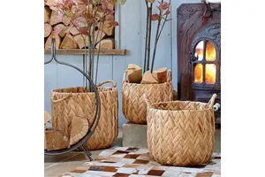 Set Braided Water Hyacinth basket storage Durable laundry baskets Organization with handles straw plant holder Christmas gift