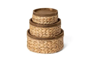 Woven Water Hyacinth Storage Basket With Wood Lid Set of 3 Handmade Storage Basket Wholesale Eco-friendly