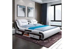 Modern Minimalist Leather Smart Massage Bedroom Bed Under Storage 2 Drawers Comfortable Soft Multi-functional Bed Frame