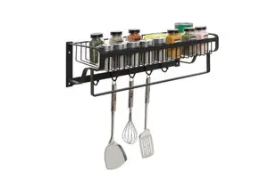 Modern Wall Mounted 5 Hook Black Metal Wire Bathroom Storage Basket Shelf Kitchen Organizer Rack