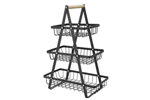 Factory Wholesale 3 Tier Iron Kitchen Storage Rack Multifunctional Rectangle Fruit Snack Basket With Wooden Handle For Home Use