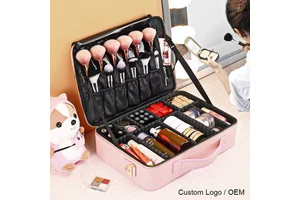 Custom Logo PU Leather Makeup Train Case Waterproof Large Capacity Cosmetic Organizer Portable Travel Storage Box