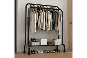 Home Metal Organizer Move Freely Double Rod Portable Cloth Drying Rack Hanging Garment Shoe Rack With Commodity Shelf And Wheel