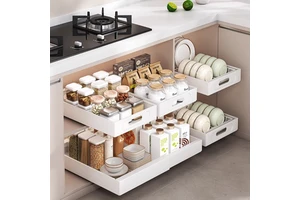 Heavy-Duty Metal Double 2-Layer Space-Saving Kitchen Cabinet Organizer Extendable Pull Adhesive Film Home Drawer Accessories for