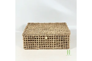 Durable Seagrass Storage Box with Lid Hand-woven Rectangular Wicker Basket Braided Natural Grass Organizer Bin for Multi-purpose