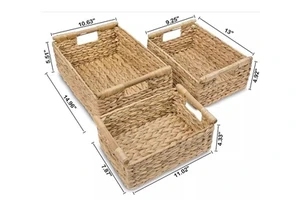 Set 3 Wicker Rectangular Baskets with Wooden Handles for Shelves Water Hyacinth Storage Baskets Natural Seagrass for Organizing