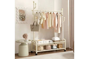 Modern Durable Iron Coat Rack with Wheels-Portable & Space-Saving for Hotel Bathroom Bedroom Kitchen School Supermarket Storage