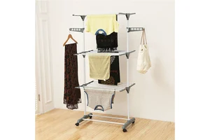 Foldable 3 Tier Rolling Collapsible Cloth Drying Rack Stand Indoor Dark Metal Laundry Rack Simple Garment Wheels Towel Hanger