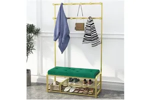 Clothes Rail Coat Rack Entryway Coat Rack Shoe Bench Iron Wrought Hall Tree Coat Stand with 2 Storage Shelf Hooks Clothing Store