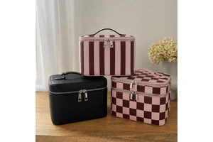 Custom logo Portable Eco-friendly PU Makeup Bag Reusable Zipper Closure Large Waterproof Leather Cosmetic Bag with Soft Handle