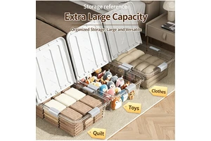 Extra Large Modern Slim Under-bed Storage Box Wheels Clear Plastic Stackable Space-Saving Organizer Clothes Blankets