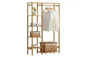 Wholesale Bamboo Coat Rack with 4 Tier Storage Shelves for Clothing Organizer,Modern Bamboo Coat Rack,Wardrobe Closet Organizer