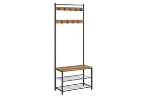 Floor Standing Coat Rack Entryway Storage Rack with Unique Double Hooks Metal Wooden Coat Rack Shoe Bench
