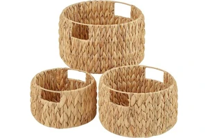 Hand Woven Large Water Hyacinth Wicker Storage Basket Two Handles Bohemian Style Foldable Organizing Food Cover Vietnam Origin