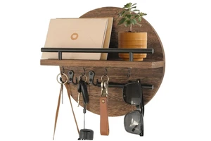Wooden Wall Mounted Storage Rack for Living Room Home Decor Key Bag Tool Organization with Hooks Modern Round Design
