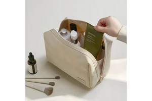 Eco Friendly Modern Open Washed Canvas Waterproof Travel Cosmetic Bag Separated Pockets Organizer for Facial Care Essential Oil
