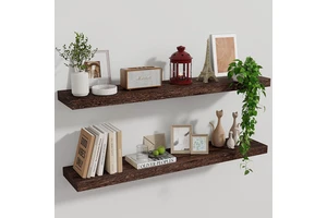 Country-Style 2-Piece Floating Shelf Set Wall-Mounted Wooden Display Rack for Bathroom Bedroom Garage-Wood Frame Storage Rack