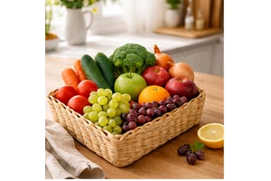 Vintage Traditional Woven Water Hyacinth Storage Basket Rectangle Handmade Fruit Vegetable Organizer Home Kitchen KOTTRAVAI