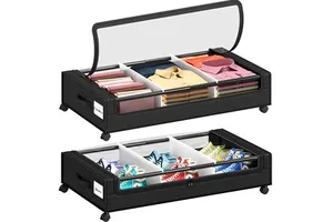 2 Pack Modern Wooden Under Bed Storage with 4 Dividers Wheels Clear Lids & Handles for Clothes and Shoes