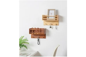 Solid Wooden Wall Shelf with Display Stand Essential Organizer with Hooks for Bathroom Kitchen Living Room