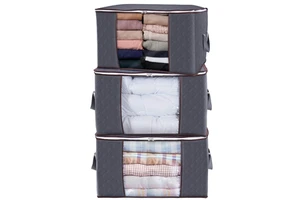 Foldable with Sturdy Zipper Clear Window 3 Pack Large Capacity Non-Woven Fabric Living Room Clothes Storage Bag