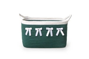 Christmas Bow Decoration Storage Basket Green Cotton Rope Foldable With Handle for Holiday Decor Kids Toy and Clothes Storage