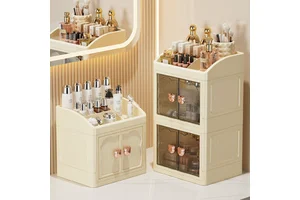 Double-Door Makeup Storage Cabinet with Drawer Multi-Layer Plastic Rack for Stationery Cosmetics Skincare Product