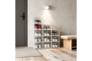 Modular Clear Plastic Storage Boxes with Secure Lids Foldable Shoe Organizer Stackable for Home Closet & Sneakers Storage
