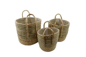 Round Braided Straw Woven Storage Basket with Jute Handles