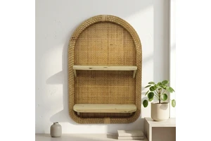 Handwoven Arch Rattan and Wood Wall Shelf 2 Tier Wooden Floating Storage Rack Boho Wall Mount Display Shelves Home Decor