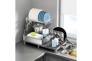 Kitchen Durable 2 Tier Dish Drying Rack Expandable Adjustable Dish Drainer Rack Stainless Steel Pull Out Cabinet Dish Rack