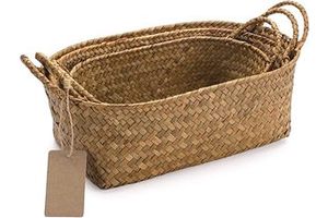 Seagrass Woven Baskets For Storage Natural Shelf Basket With Handle For Organizer Stackable Oval Set Of 3 (Large+Medium+Small)