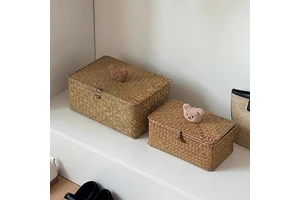 ESTICK Household Eco-Friendly Seagrass Woven Rectangular Sundry Storage Basket Lid Handle Handmade Japanese Design Living Room