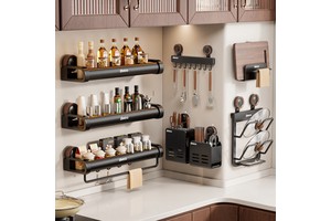 Suction Cup Kitchen Multifunctional Storage Rack Modern Wall-Mounted Seasoning Pot Lid Organizer Carbon Steel ABS Non-Folding
