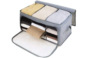 Extra Large Foldable Storage Bag Breathable Bamboo Fabric Dustproof Blanket Wardrobe Sweater T Shirt Storage Box Charcoal