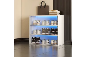 Modern Shoe Box with LED Light 3 Tiers Glass Door Shoe Storage Cabinet MDF Shoe Organizer