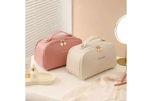 Large Capacity Double Zipper Travel Cosmetic Bag PU Leather Case with Dot Pattern Fashionable Cute Hanging Makeup Pouch