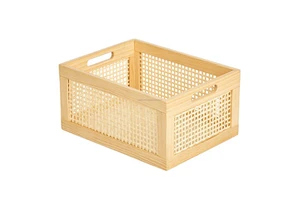 High Quality Woven Bin Bamboo Rattan Basket Sundries Storage Boxes Bins Home Organizer Wooden Frame Basket