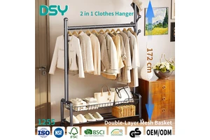 Modern Foldable Double-Layer Metal Mesh Basket 2-in-1 Coat Rack Hanger Removable Wheeled Clothes Drying Rack